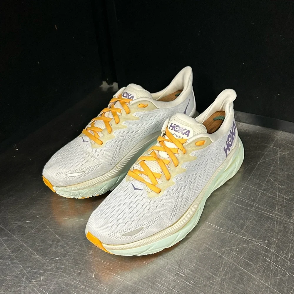 Hoka Women's White Sneakers with Yellow Laces and Purple Logo - Picture 1 of 11